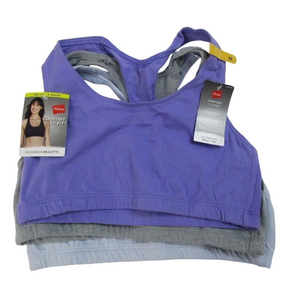 Lot of 3 Hanes Racerback Sports‎ Bra Womens Medium Compression Flex Fit Wicking